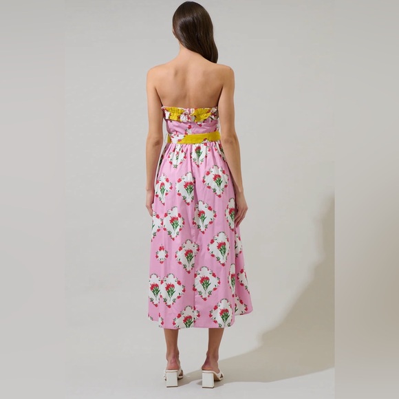 NWT Sugarlips Maia Floral Strapless Dress with Yellow Ruffle Edge and Belt - Picture 4 of 7